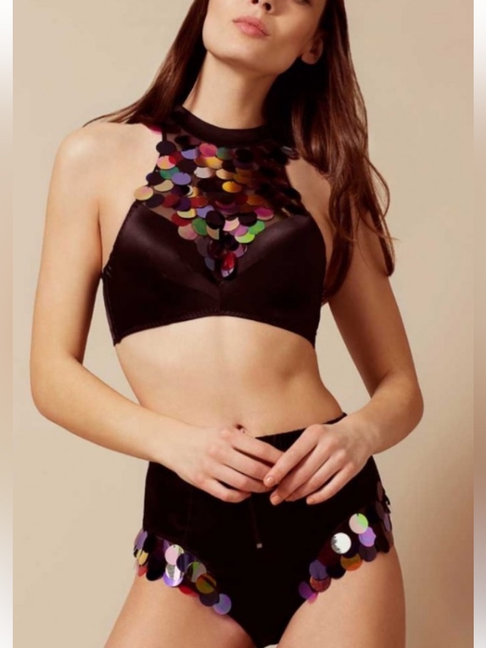 Agent Provocateur RENO BRA/PANTY SET. Black satin with iridescent sequins AP3